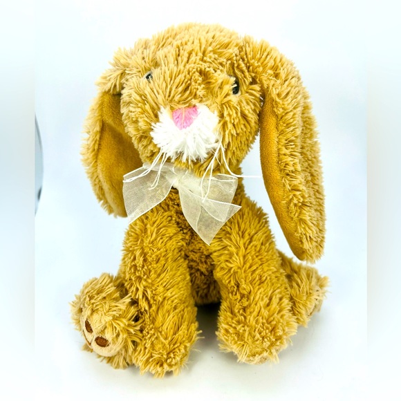 Bunny Rabbit Plush Stuffed Animal Floppy Ears Brown W/Bow Sitting Galerie 7” - Picture 1 of 7